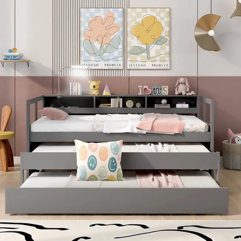 White / Grey, Sleeps 3, Twin XL Wood Daybed with 2 Trundles & USB Port