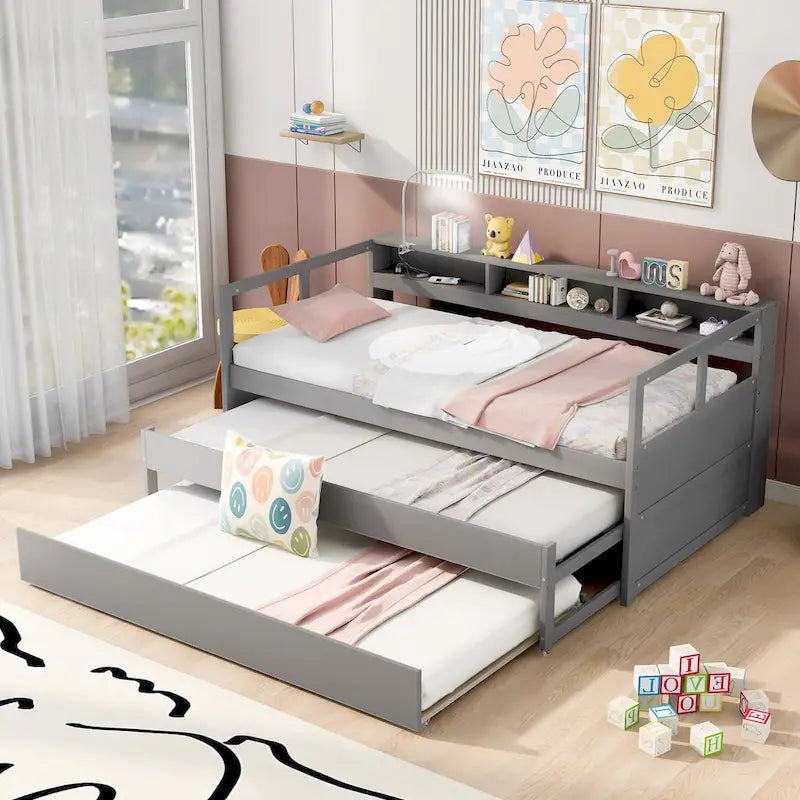 White / Grey, Sleeps 3, Twin XL Wood Daybed with 2 Trundles & USB Port