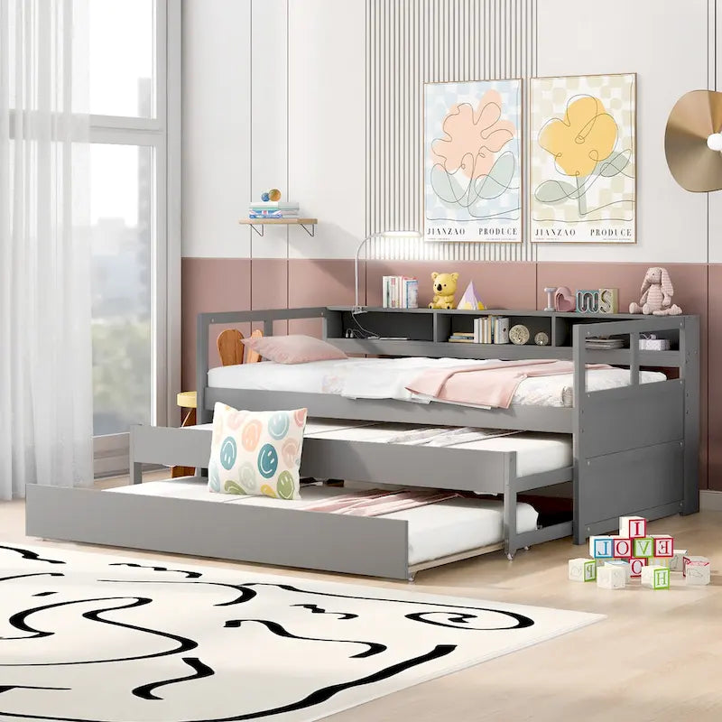 White / Grey, Sleeps 3, Twin XL Wood Daybed with 2 Trundles & USB Port