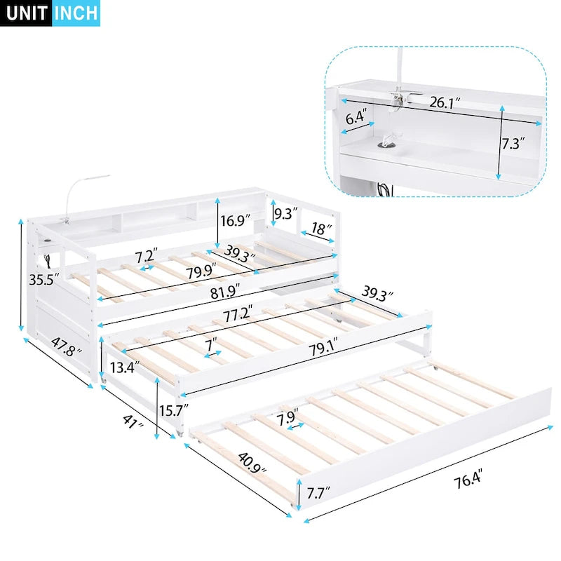 White / Grey, Sleeps 3, Twin XL Wood Daybed with 2 Trundles & USB Port