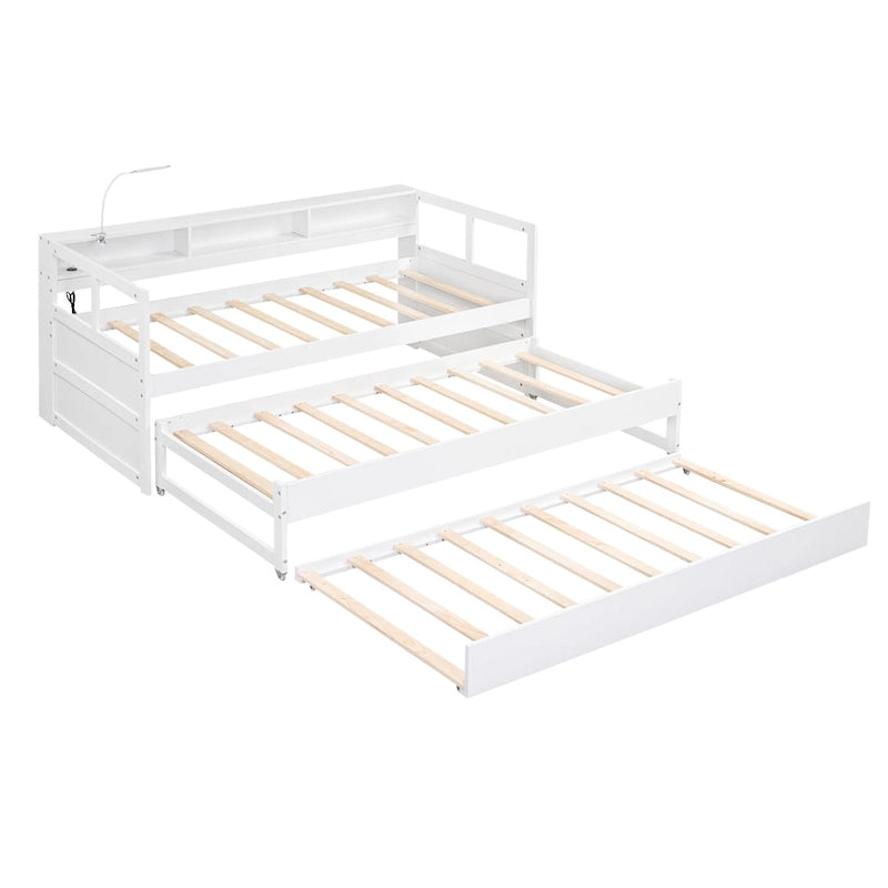 White / Grey, Sleeps 3, Twin XL Wood Daybed with 2 Trundles & USB Port