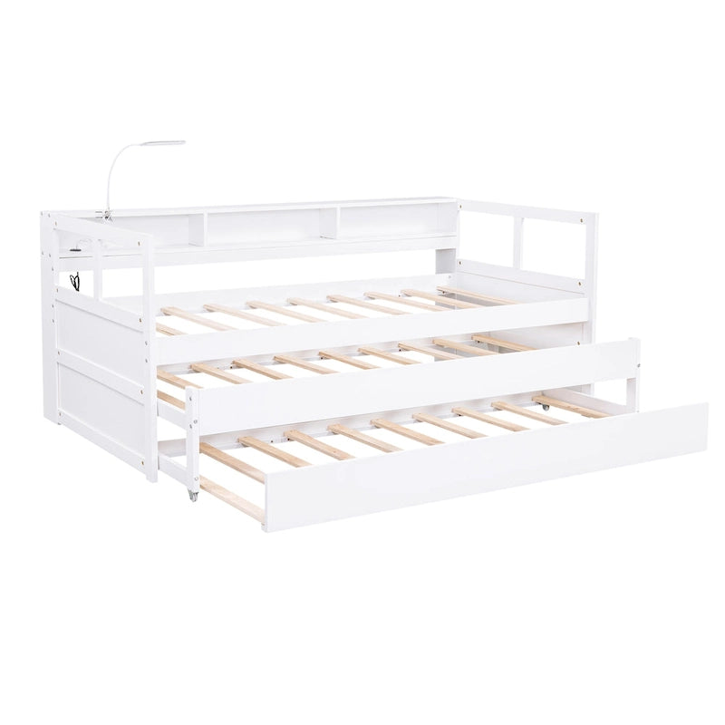 White / Grey, Sleeps 3, Twin XL Wood Daybed with 2 Trundles & USB Port