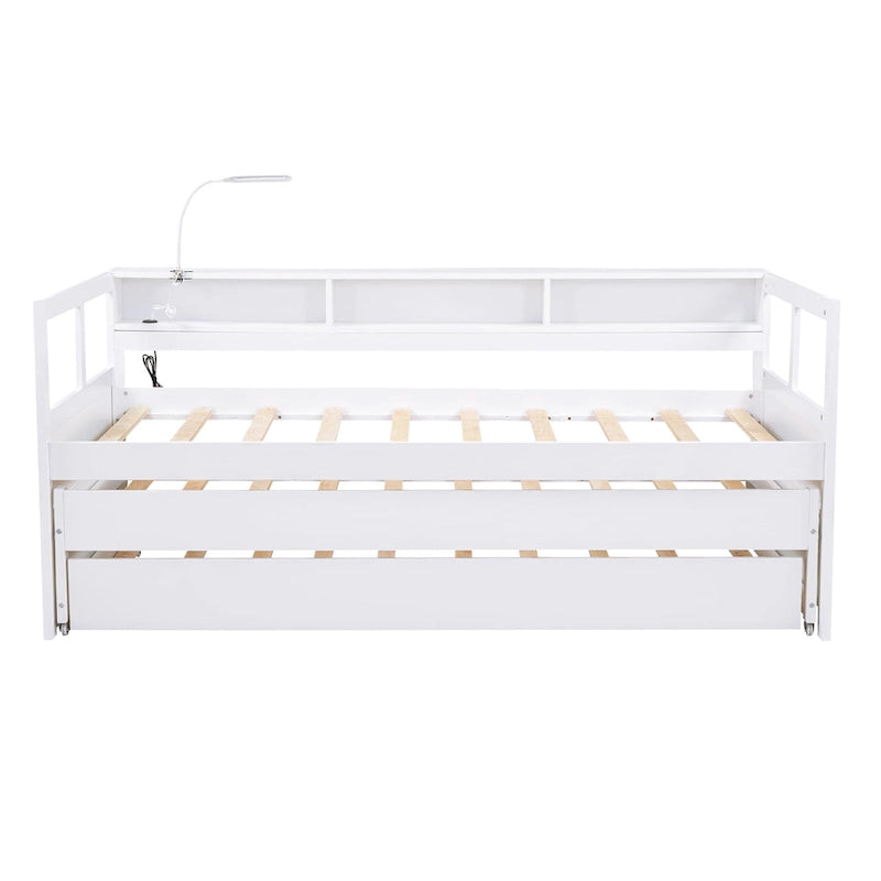 White / Grey, Sleeps 3, Twin XL Wood Daybed with 2 Trundles & USB Port