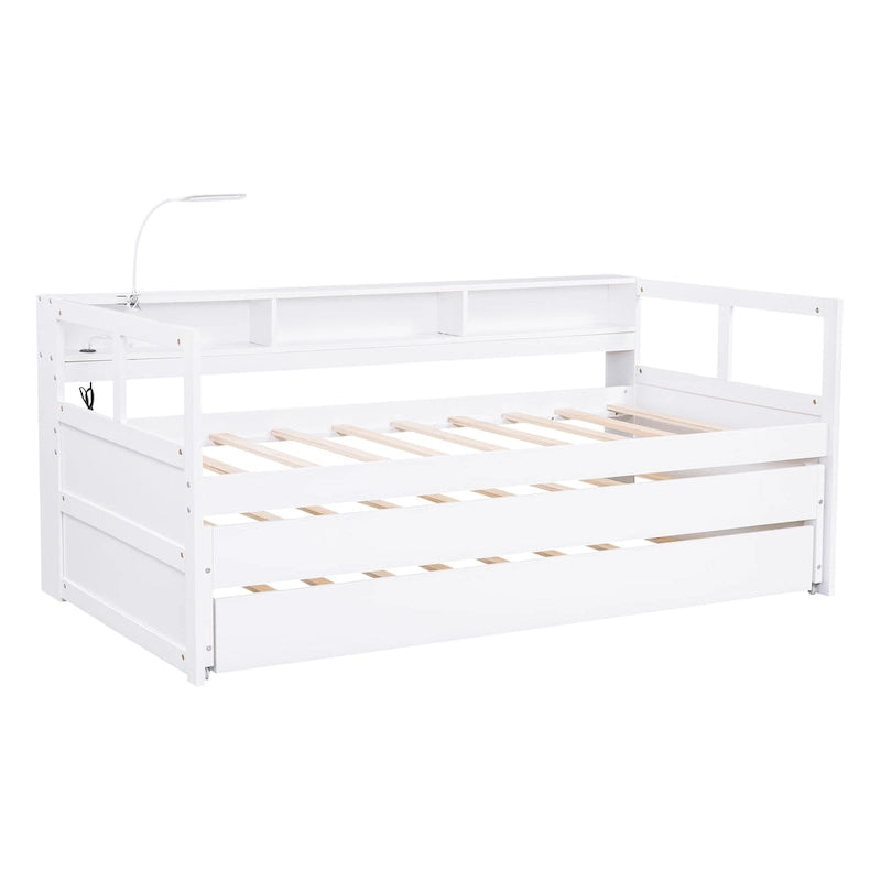 White / Grey, Sleeps 3, Twin XL Wood Daybed with 2 Trundles & USB Port