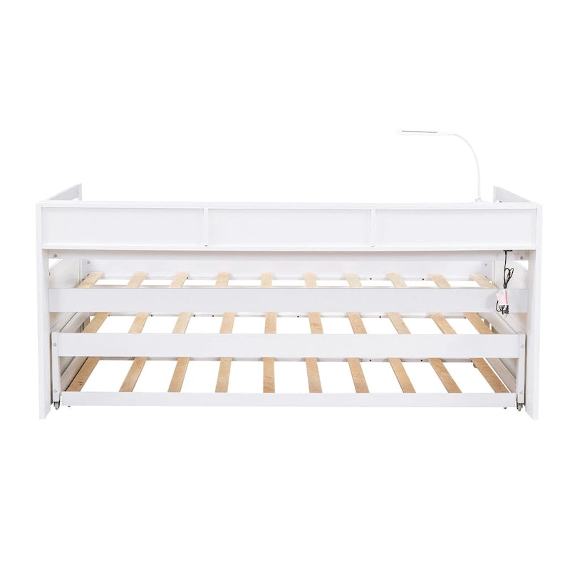 White / Grey, Sleeps 3, Twin XL Wood Daybed with 2 Trundles & USB Port