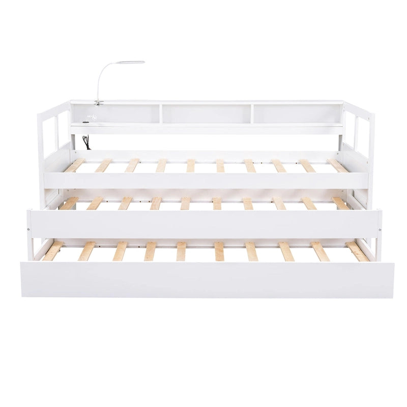White / Grey, Sleeps 3, Twin XL Wood Daybed with 2 Trundles & USB Port