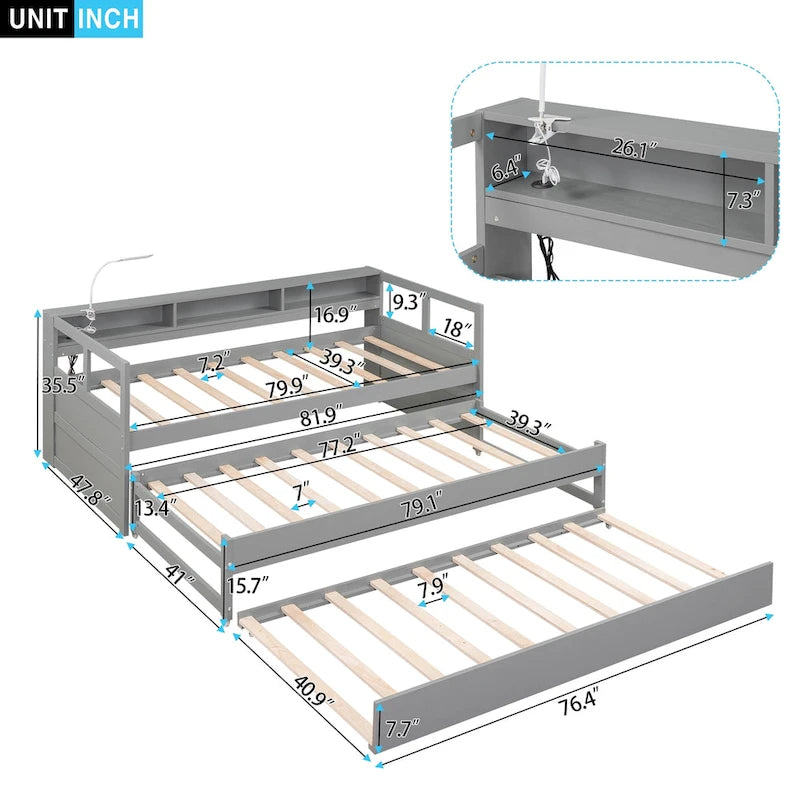 White / Grey, Sleeps 3, Twin XL Wood Daybed with 2 Trundles & USB Port