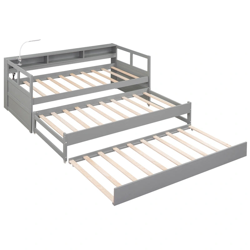 White / Grey, Sleeps 3, Twin XL Wood Daybed with 2 Trundles & USB Port