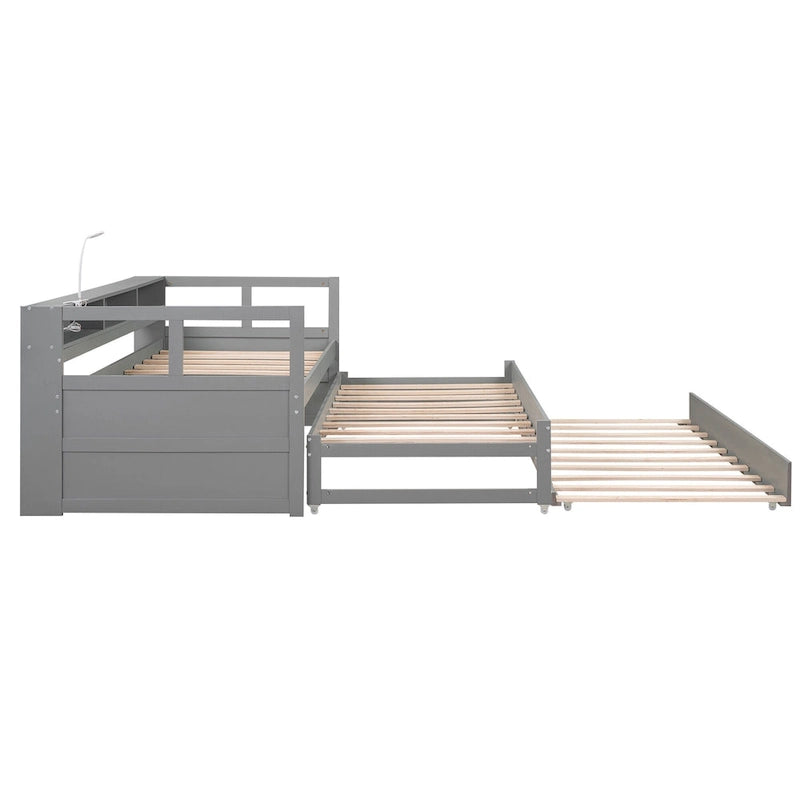White / Grey, Sleeps 3, Twin XL Wood Daybed with 2 Trundles & USB Port