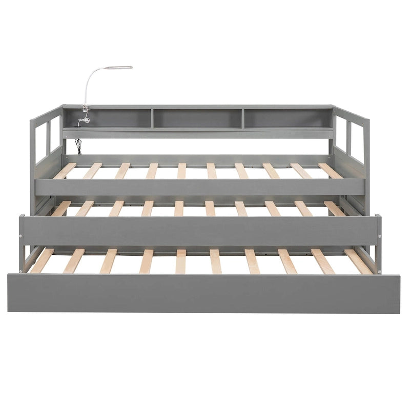 White / Grey, Sleeps 3, Twin XL Wood Daybed with 2 Trundles & USB Port