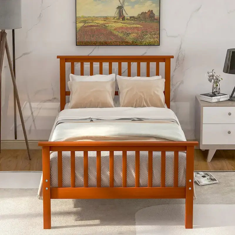 Oak / Espresso Pine Platform Bed with Headboard & Footboard, Twin, 1-Person