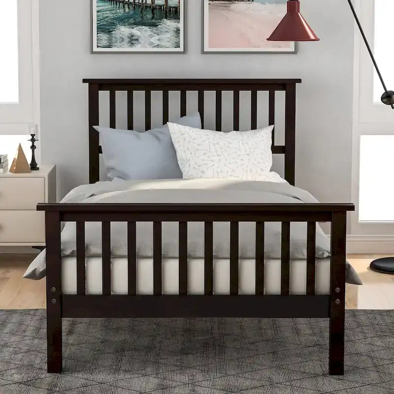 Oak / Espresso Pine Platform Bed with Headboard & Footboard, Twin, 1-Person