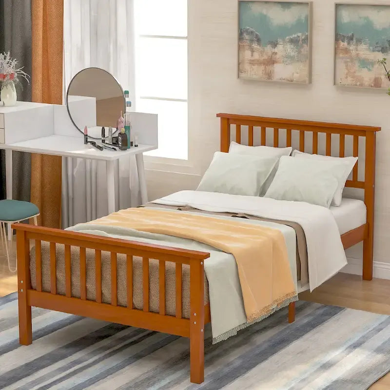 Oak / Espresso Pine Platform Bed with Headboard & Footboard, Twin, 1-Person
