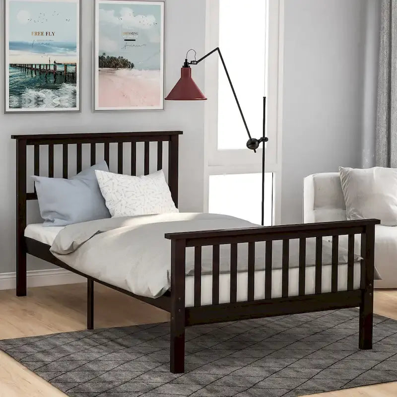 Oak / Espresso Pine Platform Bed with Headboard & Footboard, Twin, 1-Person