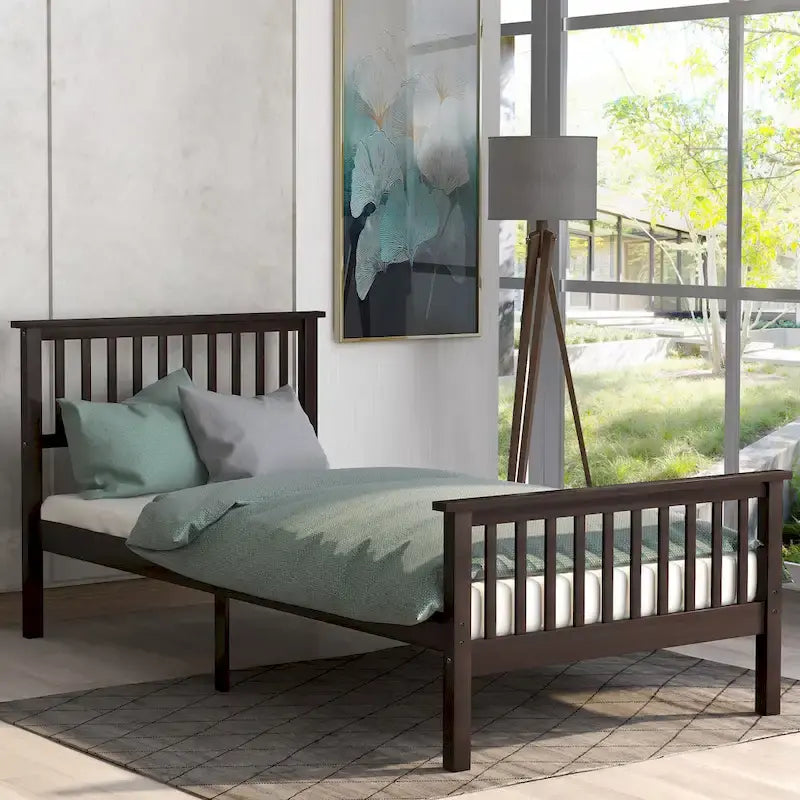 Oak / Espresso Pine Platform Bed with Headboard & Footboard, Twin, 1-Person