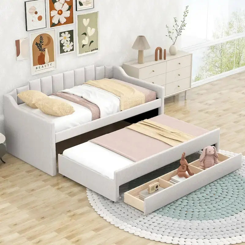 Twin Size Upholstered Daybed with Trundle and Three Drawers,Beige