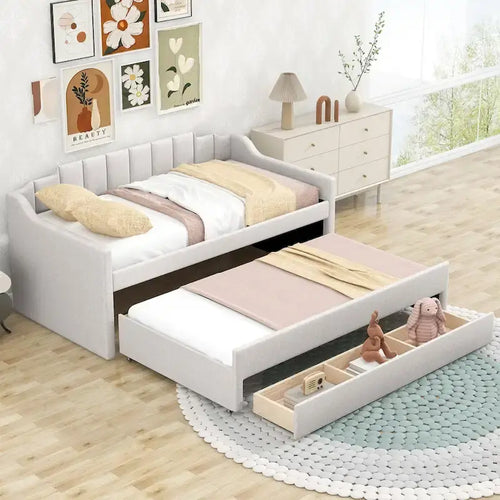 Twin Size Upholstered Daybed with Trundle and Three Drawers,Beige