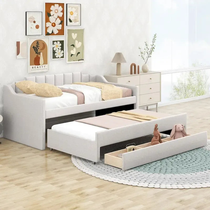 Beige Upholstered Daybed with Trundle & 3 Drawers, Twin, 1-2 Person