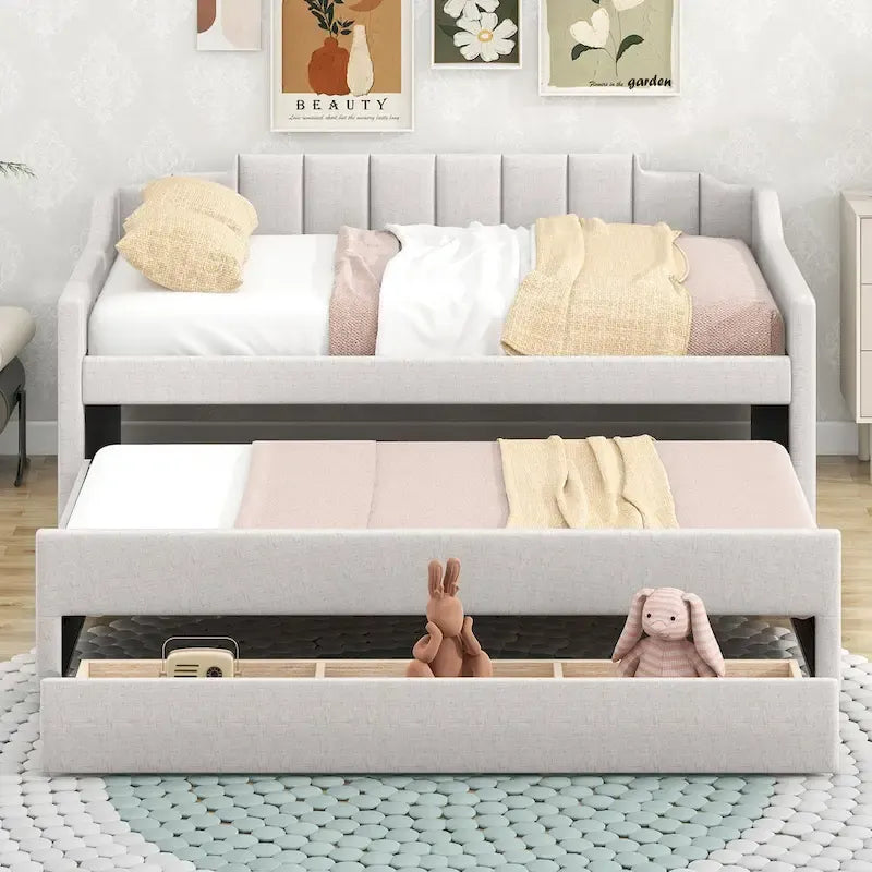 Beige Upholstered Daybed with Trundle & 3 Drawers, Twin, 1-2 Person