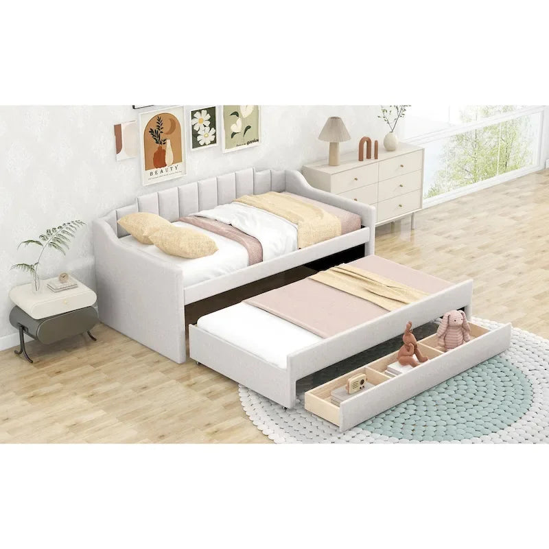 Beige Upholstered Daybed with Trundle & 3 Drawers, Twin, 1-2 Person