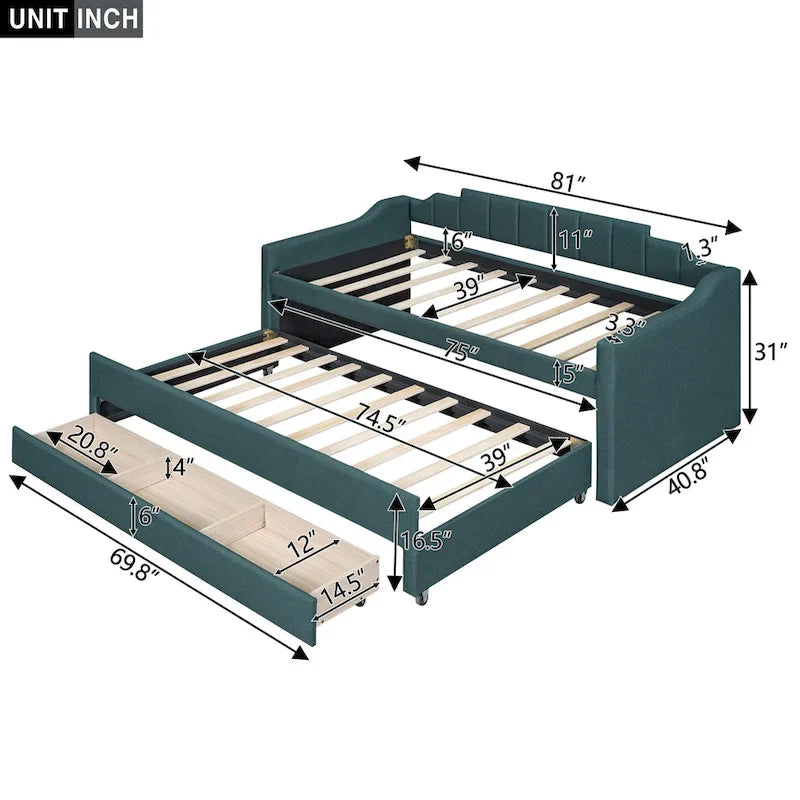 Beige Upholstered Daybed with Trundle & 3 Drawers, Twin, 1-2 Person