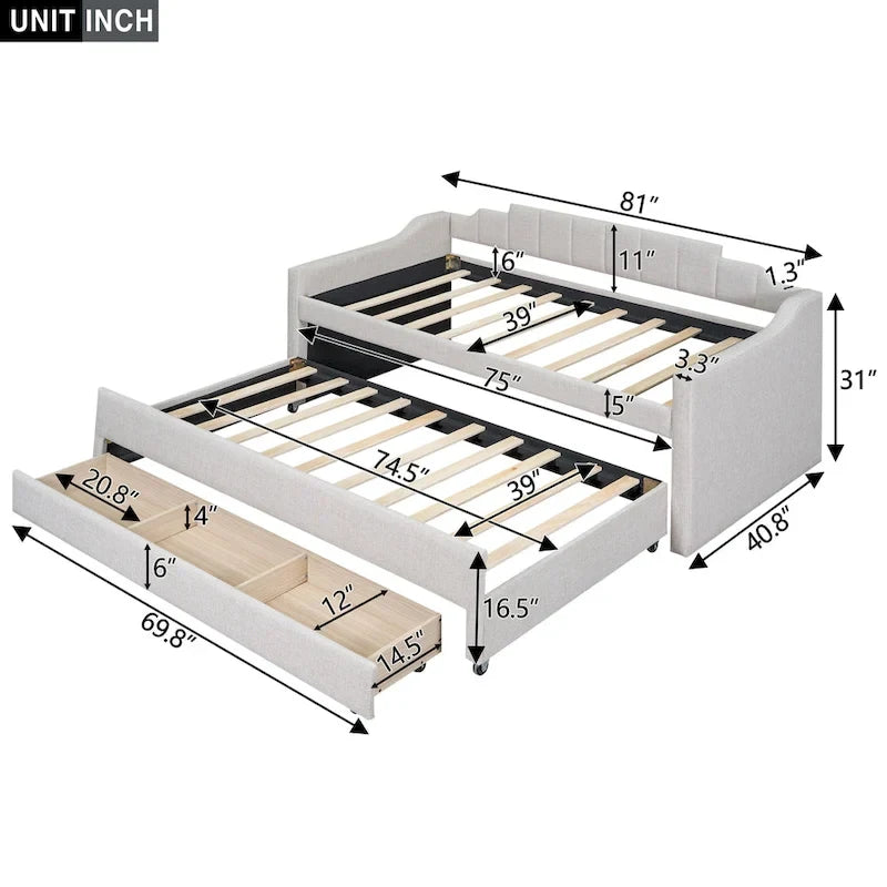 Beige Upholstered Daybed with Trundle & 3 Drawers, Twin, 1-2 Person