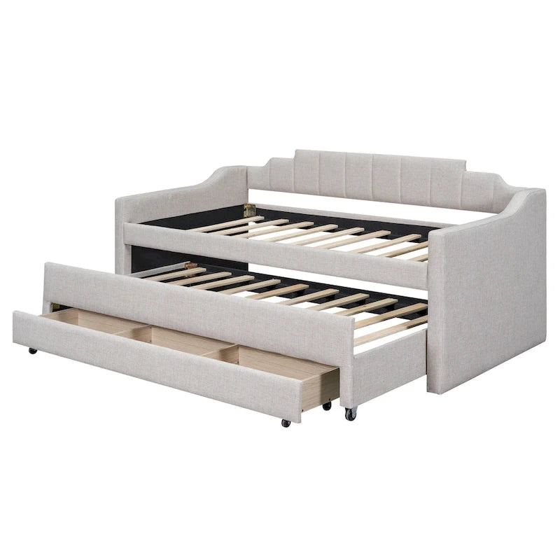 Beige Upholstered Daybed with Trundle & 3 Drawers, Twin, 1-2 Person