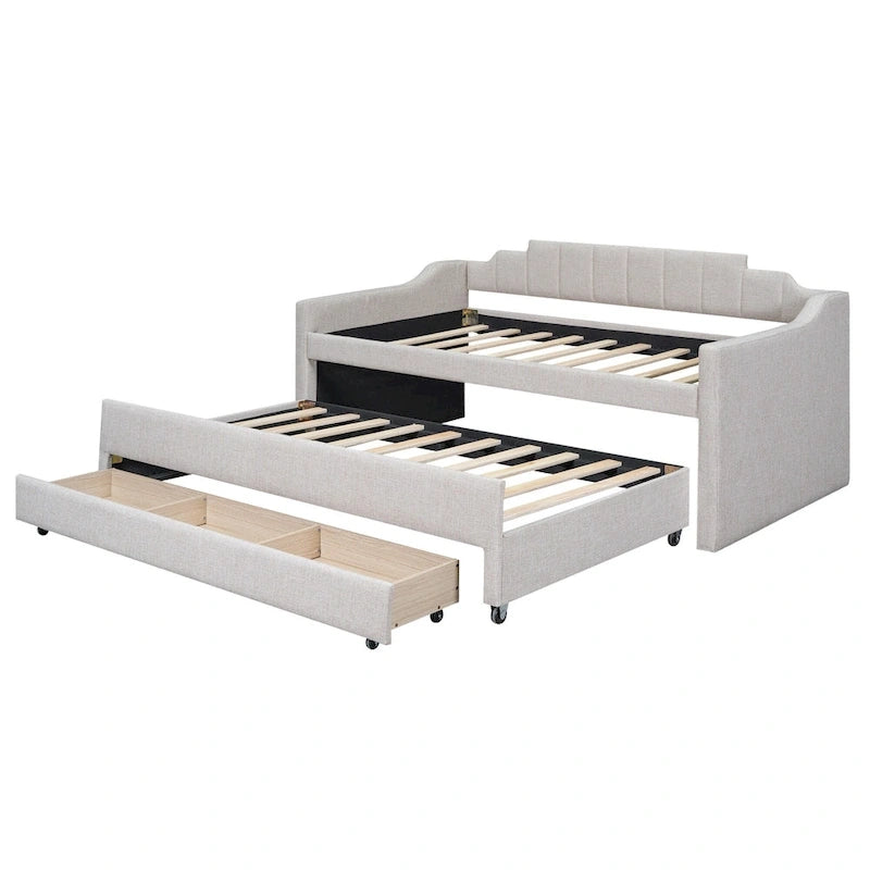 Beige Upholstered Daybed with Trundle & 3 Drawers, Twin, 1-2 Person
