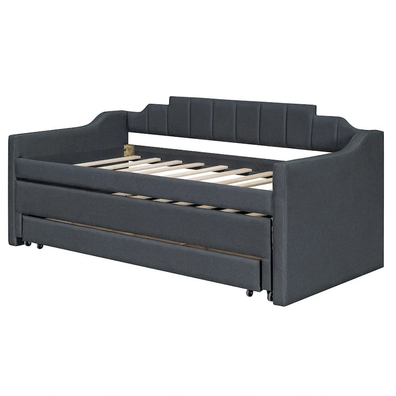 Beige Upholstered Daybed with Trundle & 3 Drawers, Twin, 1-2 Person