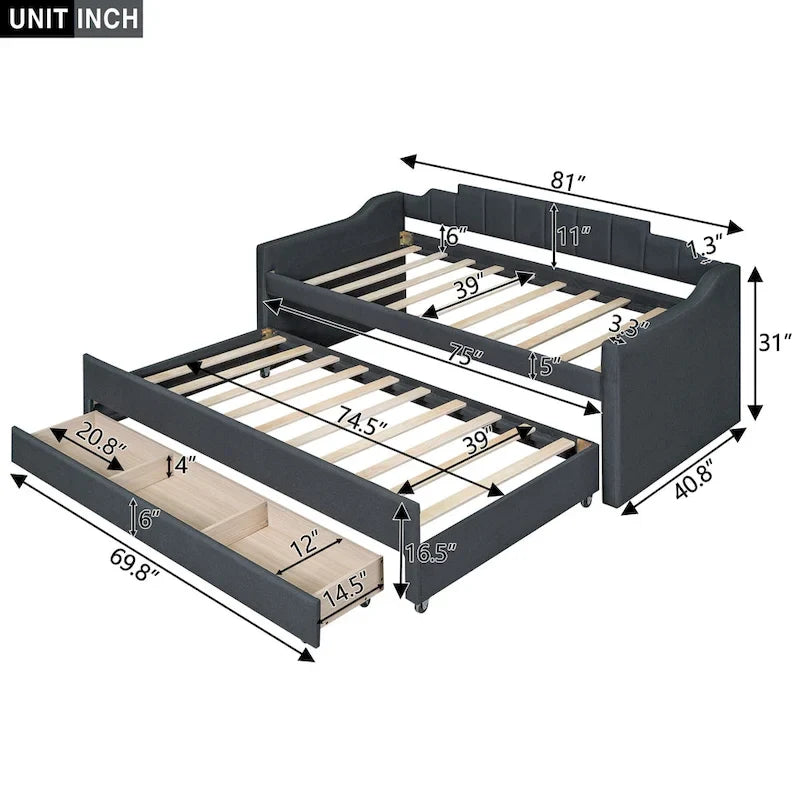 Beige Upholstered Daybed with Trundle & 3 Drawers, Twin, 1-2 Person