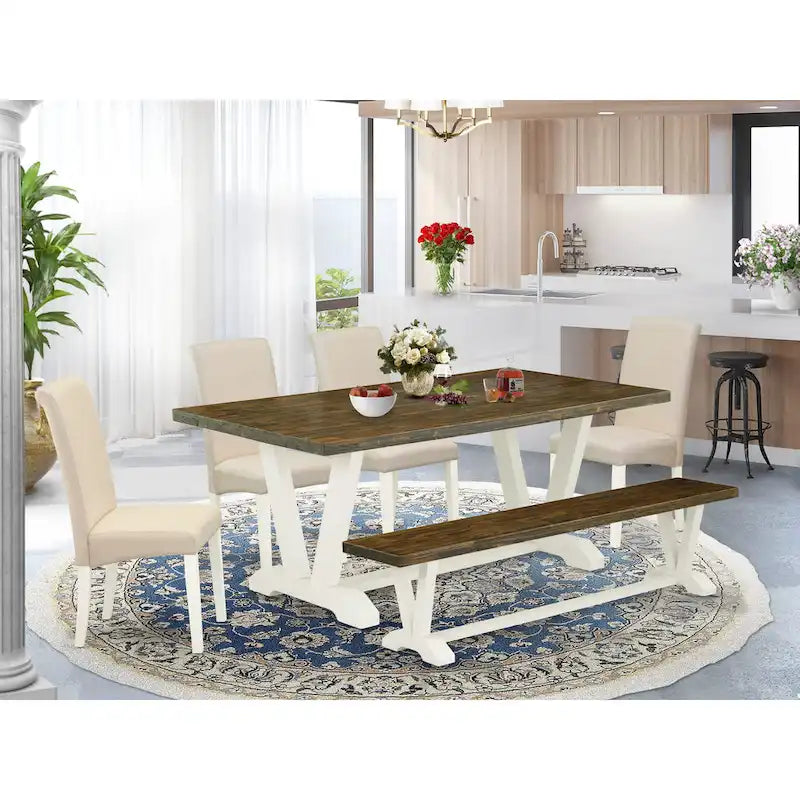 Linen White Rectangular Dining Table Set with Cream Linen Chairs – 5, 6, 7 or 9-Piece