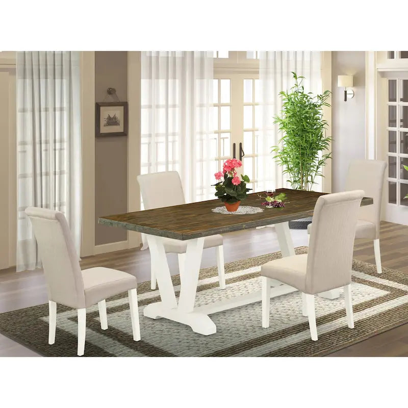 Linen White Rectangular Dining Table Set with Cream Linen Chairs – 5, 6, 7 or 9-Piece