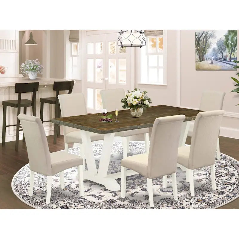 Linen White Rectangular Dining Table Set with Cream Linen Chairs – 5, 6, 7 or 9-Piece