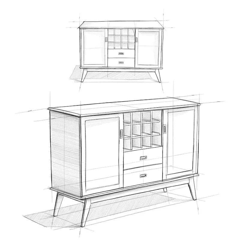 Mid Century Modern Sideboard Buffet with Wine Rack, Medium Auburn Brown / Teak Brown, 54"W