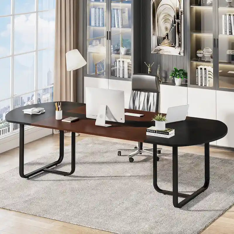 Walnut+Black / Natural+Black Curved Oval Desk, 1–2 Person Workstation