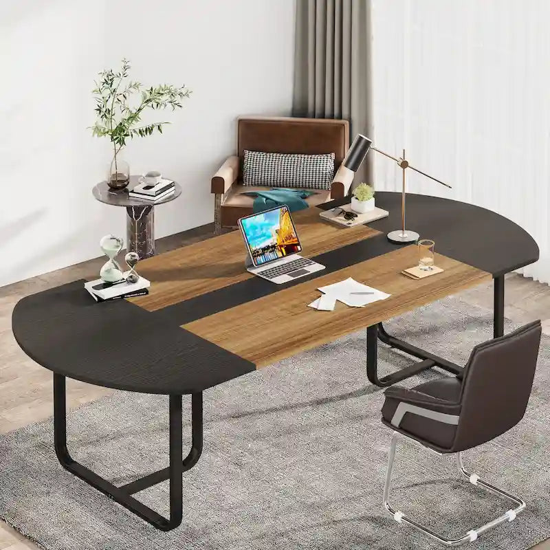 Walnut+Black / Natural+Black Curved Oval Desk, 1–2 Person Workstation