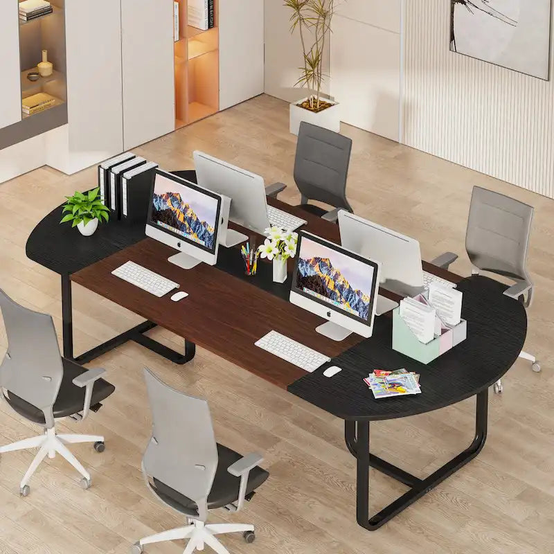 Walnut+Black / Natural+Black Curved Oval Desk, 1–2 Person Workstation