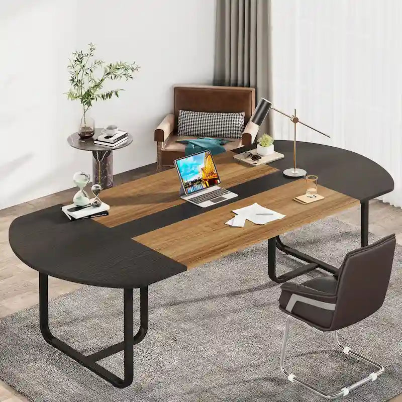 Walnut+Black / Natural+Black Curved Oval Desk, 1–2 Person Workstation