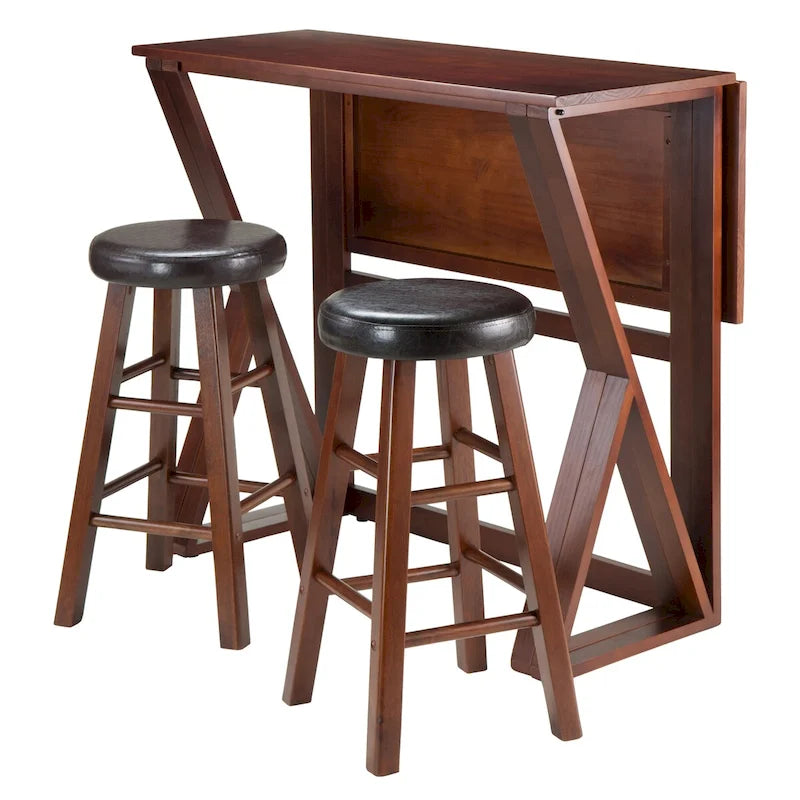 Walnut & Black Drop Leaf Counter Table Set for 2, Solid Wood & Faux Leather