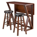 Walnut & Black Drop Leaf Counter Table Set for 2, Solid Wood & Faux Leather