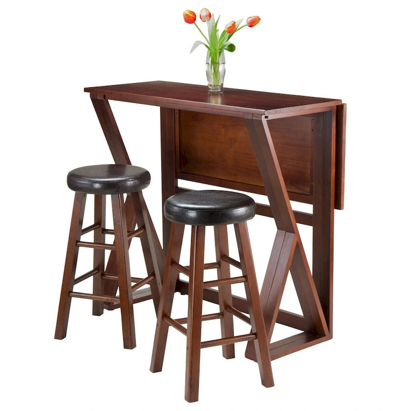 Walnut & Black Drop Leaf Counter Table Set for 2, Solid Wood & Faux Leather