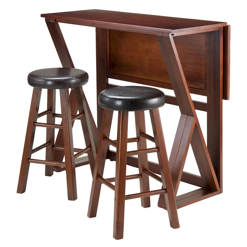 Walnut & Black Drop Leaf Counter Table Set for 2, Solid Wood & Faux Leather