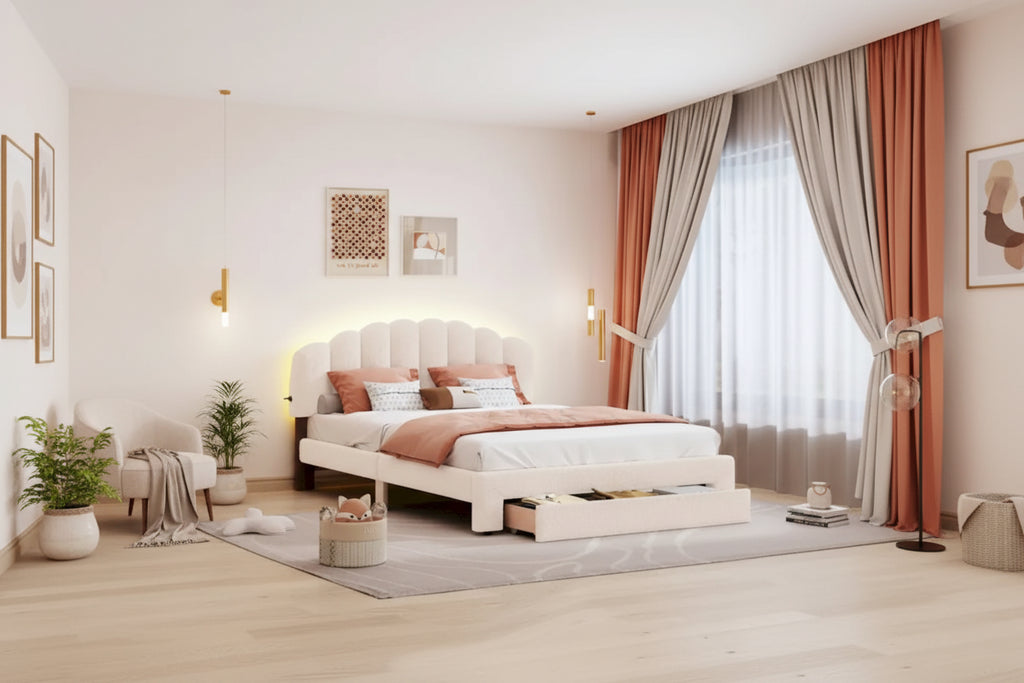 Teddy Fleece Queen Platform Bed with Drawer – Beige / Grey / White, Sleeps 2