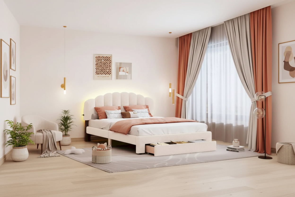 Teddy Fleece Queen Platform Bed with Drawer – Beige / Grey / White, Sleeps 2