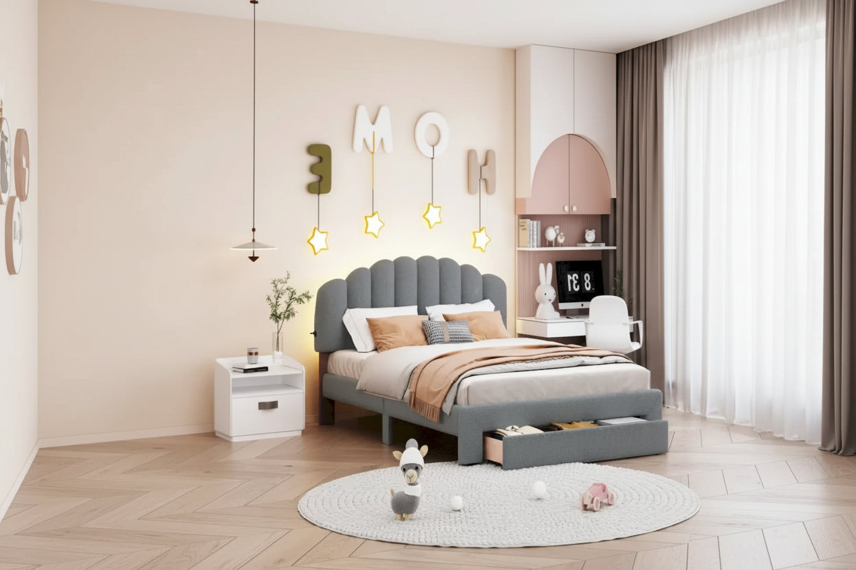 Teddy Fleece Queen Platform Bed with Drawer – Beige / Grey / White, Sleeps 2