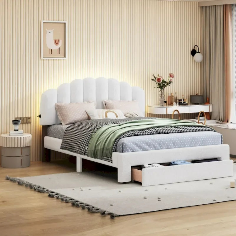 Teddy Fleece Queen Platform Bed with Drawer – Beige / Grey / White, Sleeps 2