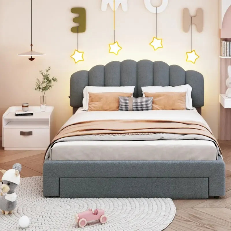 Teddy Fleece Queen Platform Bed with Drawer – Beige / Grey / White, Sleeps 2