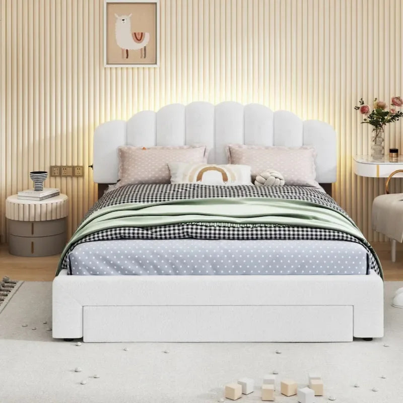Teddy Fleece Queen Platform Bed with Drawer – Beige / Grey / White, Sleeps 2