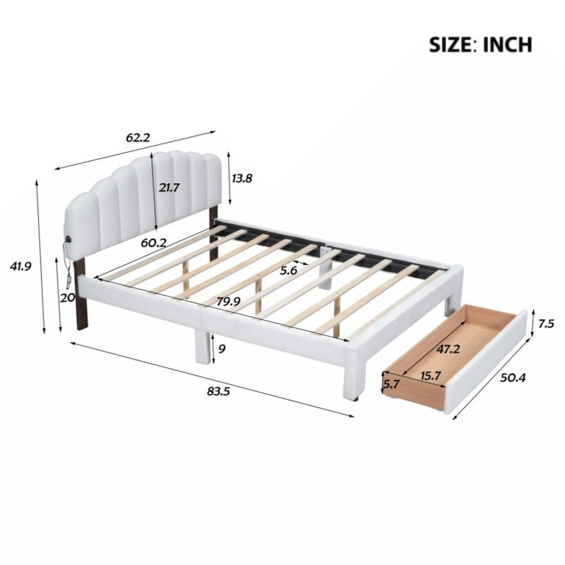 Teddy Fleece Queen Platform Bed with Drawer – Beige / Grey / White, Sleeps 2