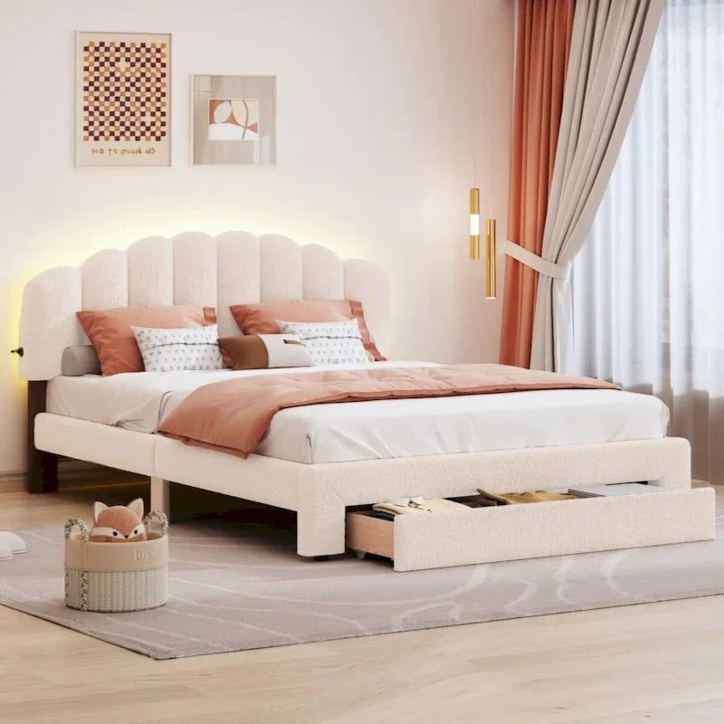 Teddy Fleece Queen Platform Bed with Drawer – Beige / Grey / White, Sleeps 2